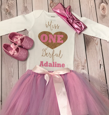 First birthday outfit girl, miss onederful shirt, 1st birthday outfit girl, baby girl clothing, pink and purple tutu outfit gir