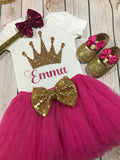 First birthday outfit girl dark pink, baby glitter shoes, Princess birthday outfit, Baby girl first birthday outfit, baby headband