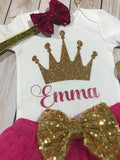First birthday outfit girl dark pink, baby glitter shoes, Princess birthday outfit, Baby girl first birthday outfit, baby headband