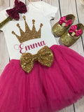 First birthday outfit girl dark pink, baby glitter shoes, Princess birthday outfit, Baby girl first birthday outfit, baby headband