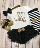 Half birthday in black and gold, 1/2 birthday girl outfit, black and gold headband, half birthday outfit, 1/2 birthday shirt, half birthday outfit girl, gold glitter shoes