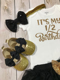 Half birthday in black and gold, 1/2 birthday girl outfit, black and gold headband, half birthday outfit, 1/2 birthday shirt, half birthday outfit girl, gold glitter shoes