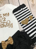 Half birthday in black and gold, 1/2 birthday girl outfit, black and gold headband, half birthday outfit, 1/2 birthday shirt, half birthday outfit girl, gold glitter shoes