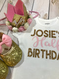 6 month birthday, 1/2 birthday girl outfit, 6 month crown, birthday headband, six month shirt, half birthday outfit girl, gold headband