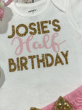 6 month birthday, 1/2 birthday girl outfit, 6 month crown, birthday headband, six month shirt, half birthday outfit girl, gold headband