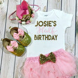 6 month birthday, 1/2 birthday girl outfit, 6 month crown, birthday headband, six month shirt, half birthday outfit girl, gold headband