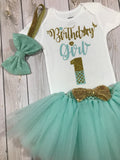 First birthday girl outfit, 1st birthday outfit girl, baby girl birthday outfit, mint and gold first birthday outfit