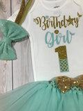 First birthday girl outfit, 1st birthday outfit girl, baby girl birthday outfit, mint and gold first birthday outfit