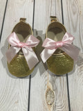1st birthday pink and gold glitter shoes, first birthday outfit, first birthday glitter shoes gold, gold and pink ribbon shoes girl