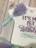 First birthday outfit in mint and purple, gold glitter shoes, purple and mint tutu, 1st birthday girl outfit