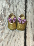 First birthday purple and gold glitter shoes, first birthday outfit, first birthday glitter shoes gold, gold and purple ribbon shoes girl