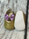 First birthday purple and gold glitter shoes, first birthday outfit, first birthday glitter shoes gold, gold and purple ribbon shoes girl