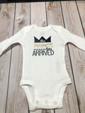 Baby boy the prince has arrive bodysuit, newborn baby boy coming home outfit, the prince has arrived