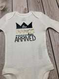 Baby boy the prince has arrive bodysuit, newborn baby boy coming home outfit, the prince has arrived