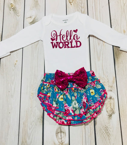 Newborn outfit floral, hello world newborn shirt, baby shower gift girl, coming home outfit newborn